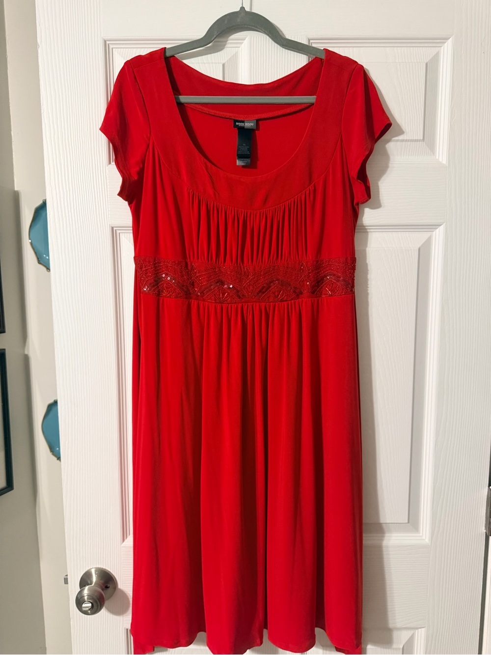 Bisou Bisou Red Scoop Neck Dress with Beaded Waistband